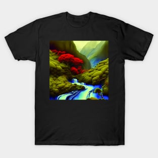 Beautiful Digital Painting With a Blue Running River Near Mountains T-Shirt